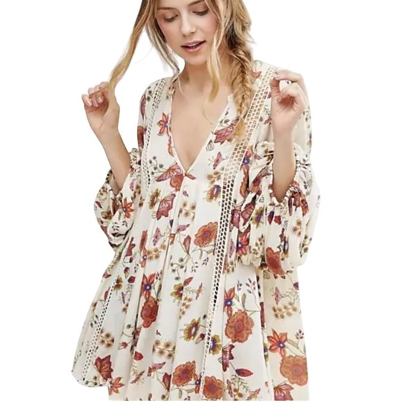 Free People Dresses & Skirts - Free People Just The Two Of Us Tunic Dress XS Ivory Floral Boho Crochet Relaxed